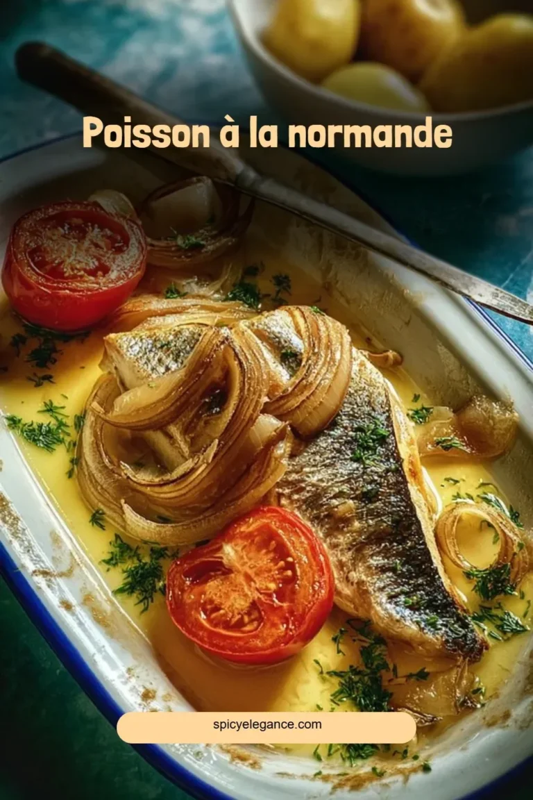 Poisson à la normande avec ingrédients frais et présentation appétissante.
