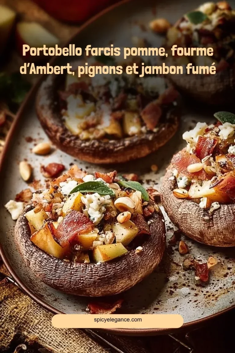 Portobello farcis aux pommes, fourme d'Ambert, pignons et jambon fumé