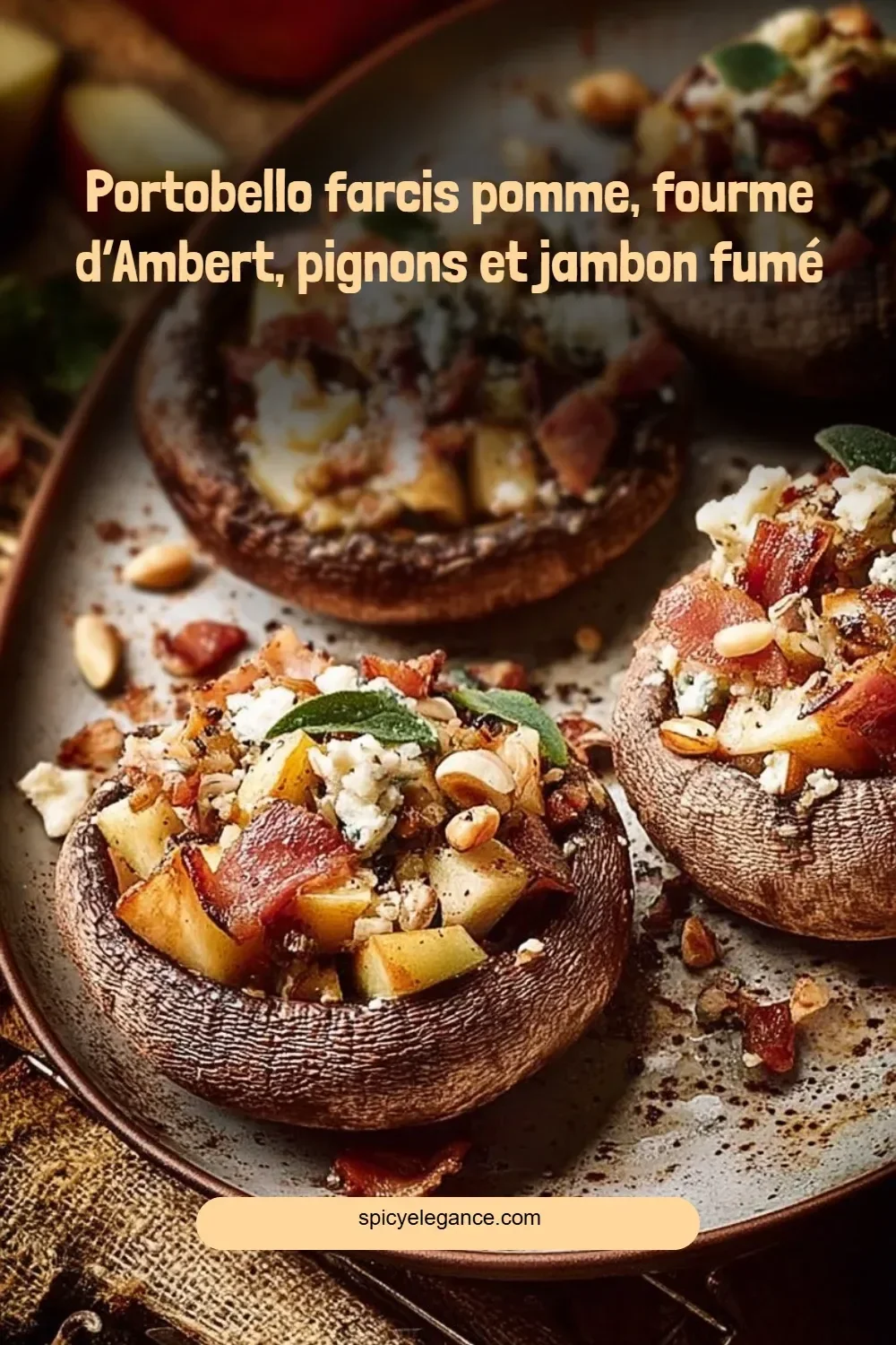 Portobello farcis aux pommes, fourme d'Ambert, pignons et jambon fumé