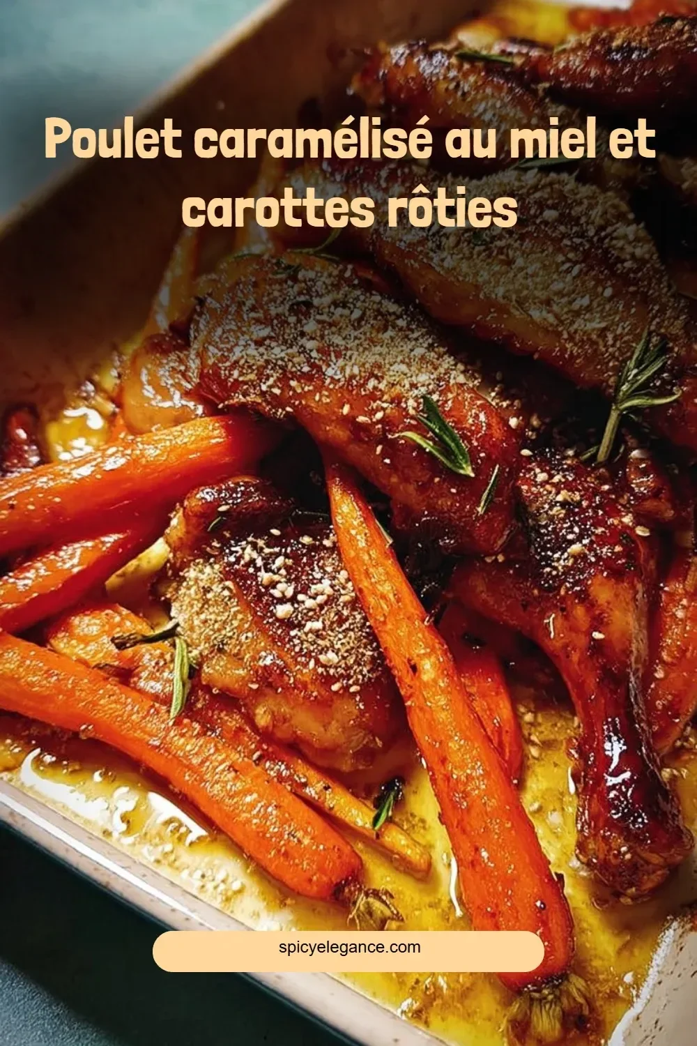 Poulet caramélisé au miel servi avec des carottes rôties