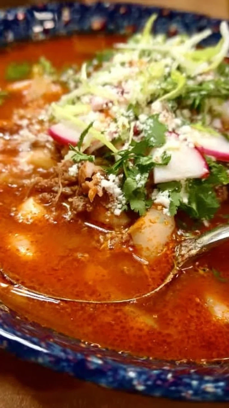 Tazón de Pozole Rojo con guarniciones y un toque tradicional mexicano.