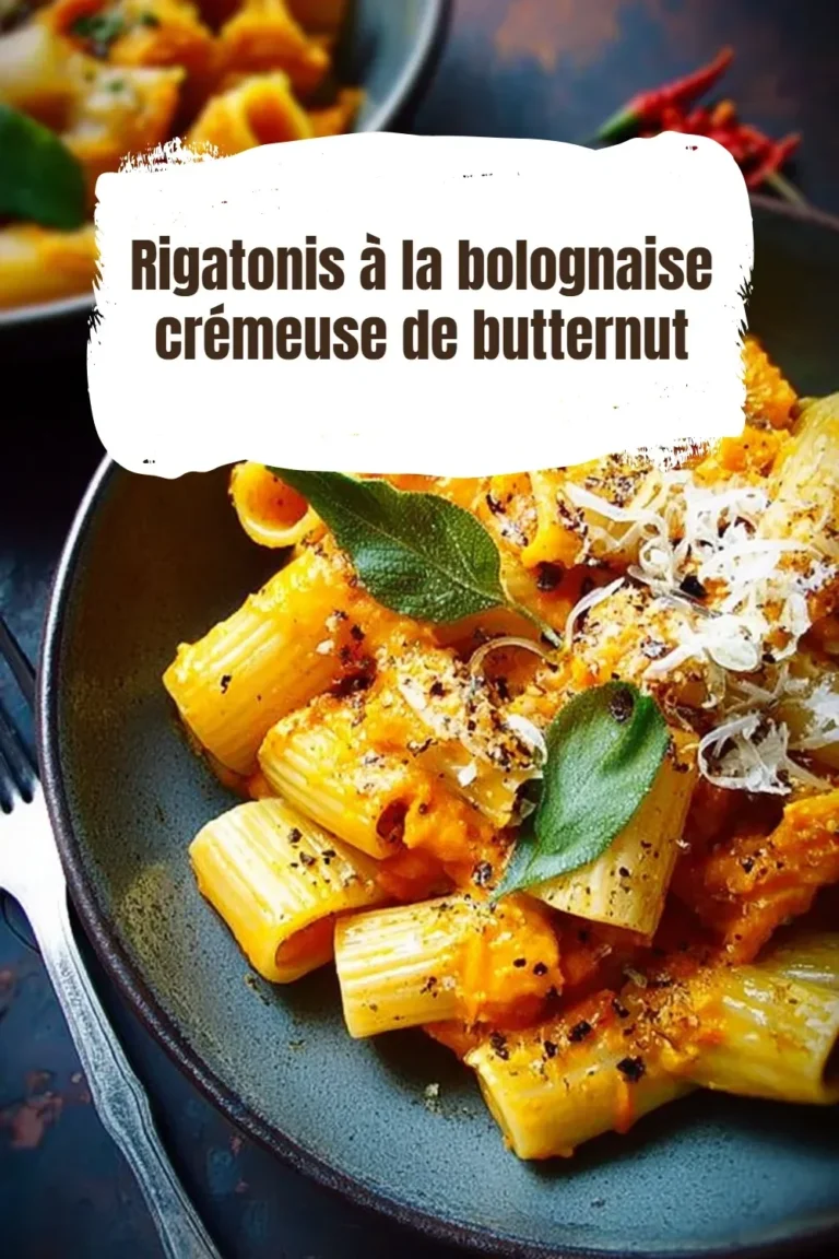 Plat de rigatonis à la bolognaise crémeuse de butternut servi dans une assiette