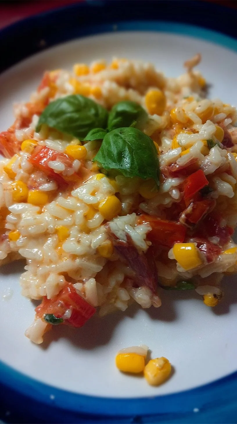 Risotto con tomate, maíz y albahaca, un plato sabroso y colorido.