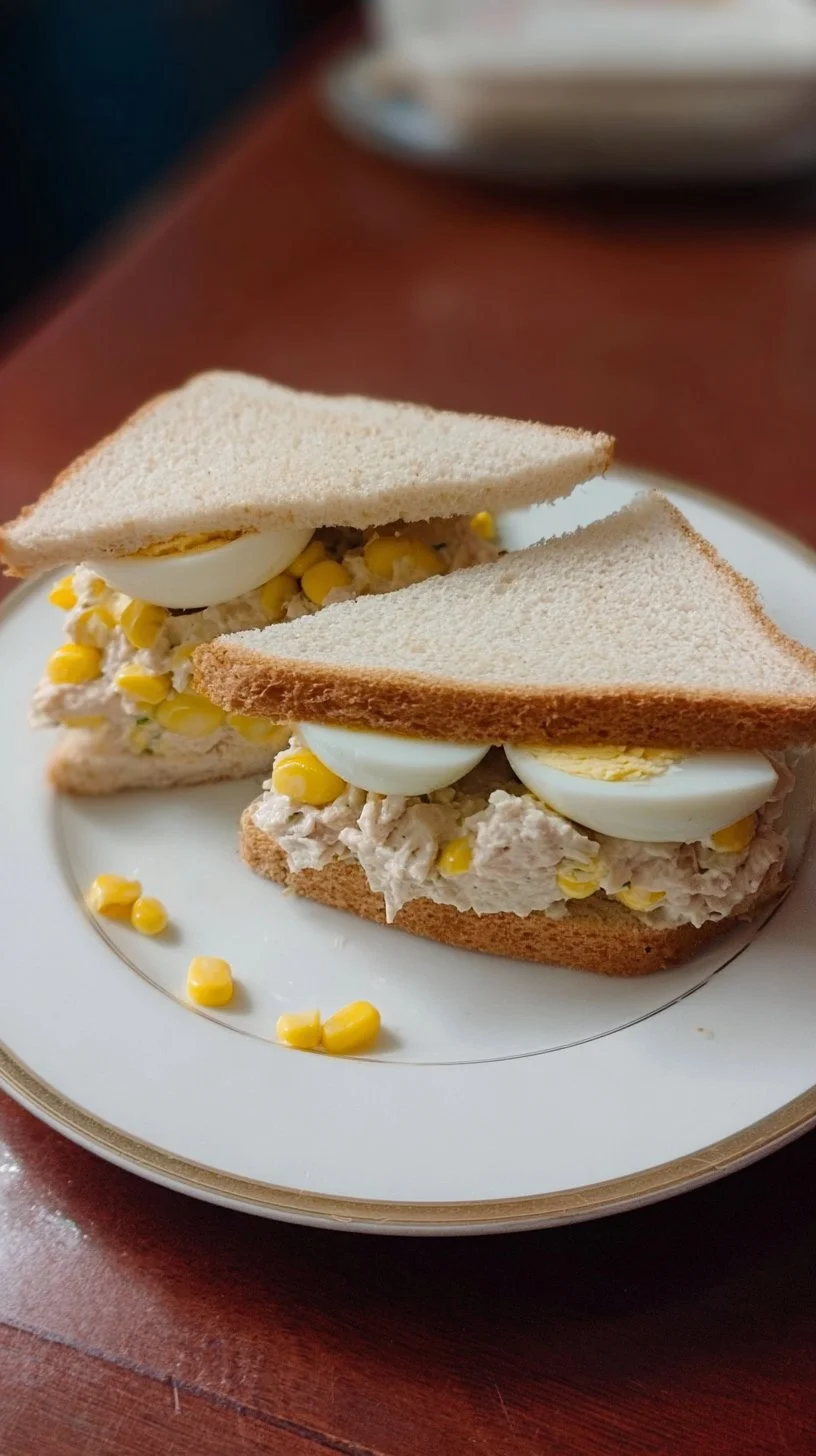 Sándwich de atún con maíz dulce, huevo duro y mayonesa en un plato