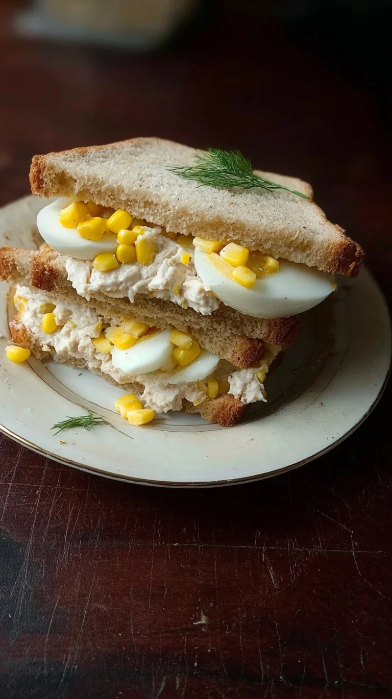 Sándwich de atún con maíz, huevo duro y mayonesa, presentado en un plato.