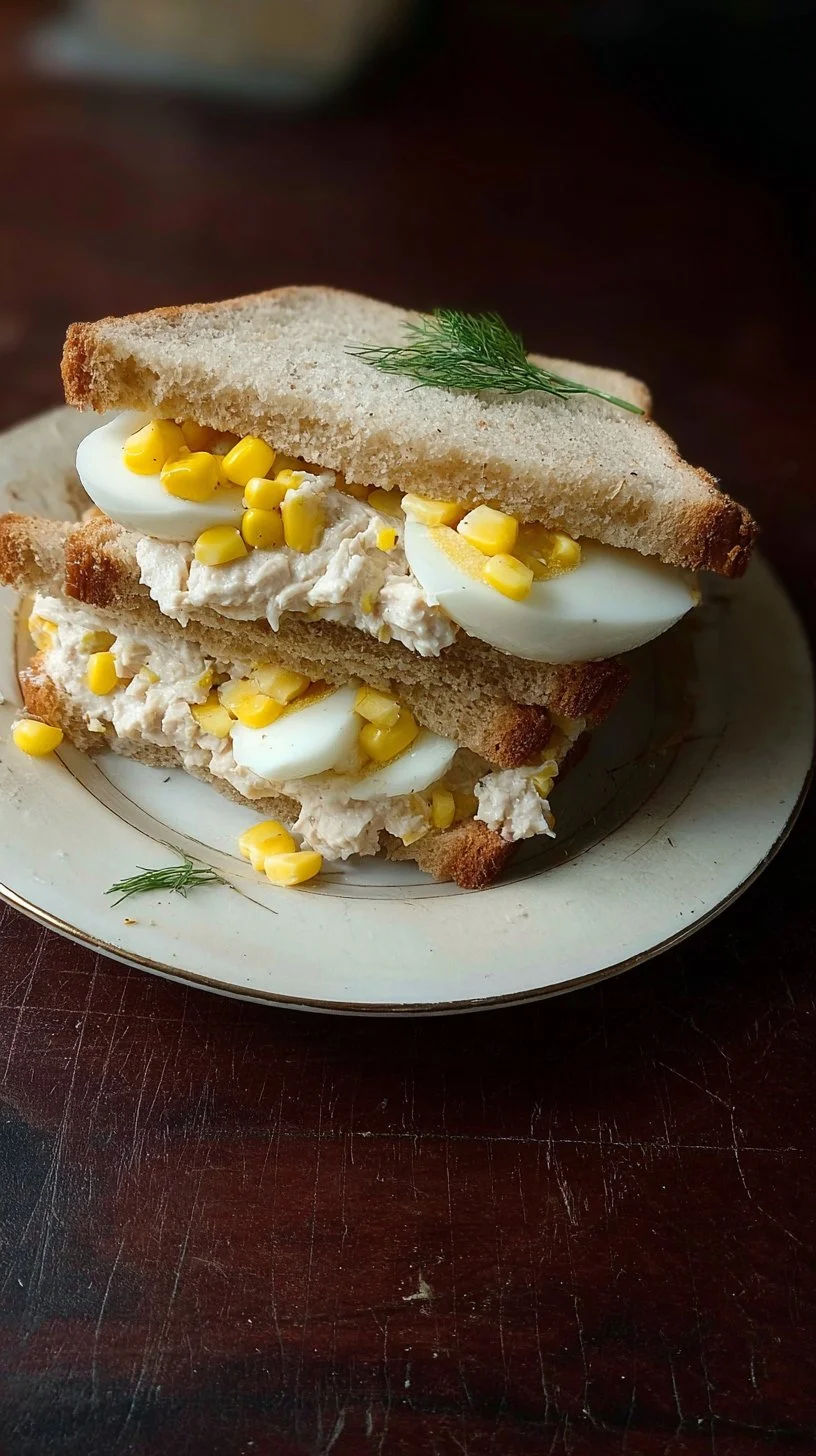 Sándwich de atún con maíz, huevo duro y mayonesa, presentado en un plato.