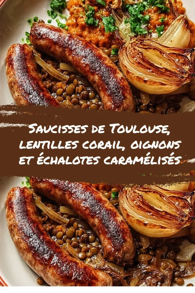 Saucisses de Toulouse servies avec lentilles corail et oignons caramélisés
