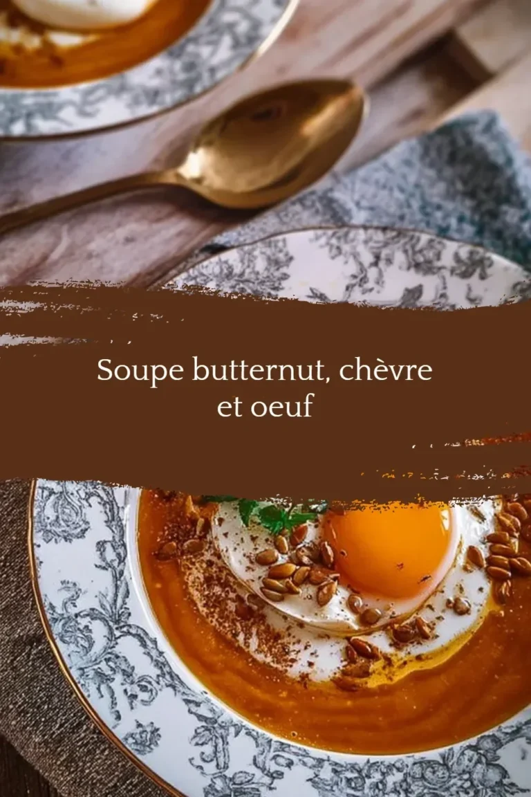 Soupe butternut garnie de chèvre et œuf, délicieuse et réconfortante.