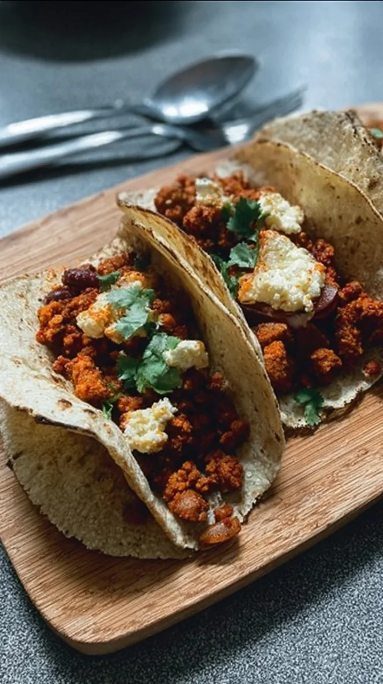Taco de chorizo con salsa y cebolla en un plato
