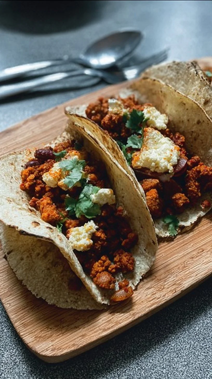 Taco de chorizo con salsa y cebolla en un plato