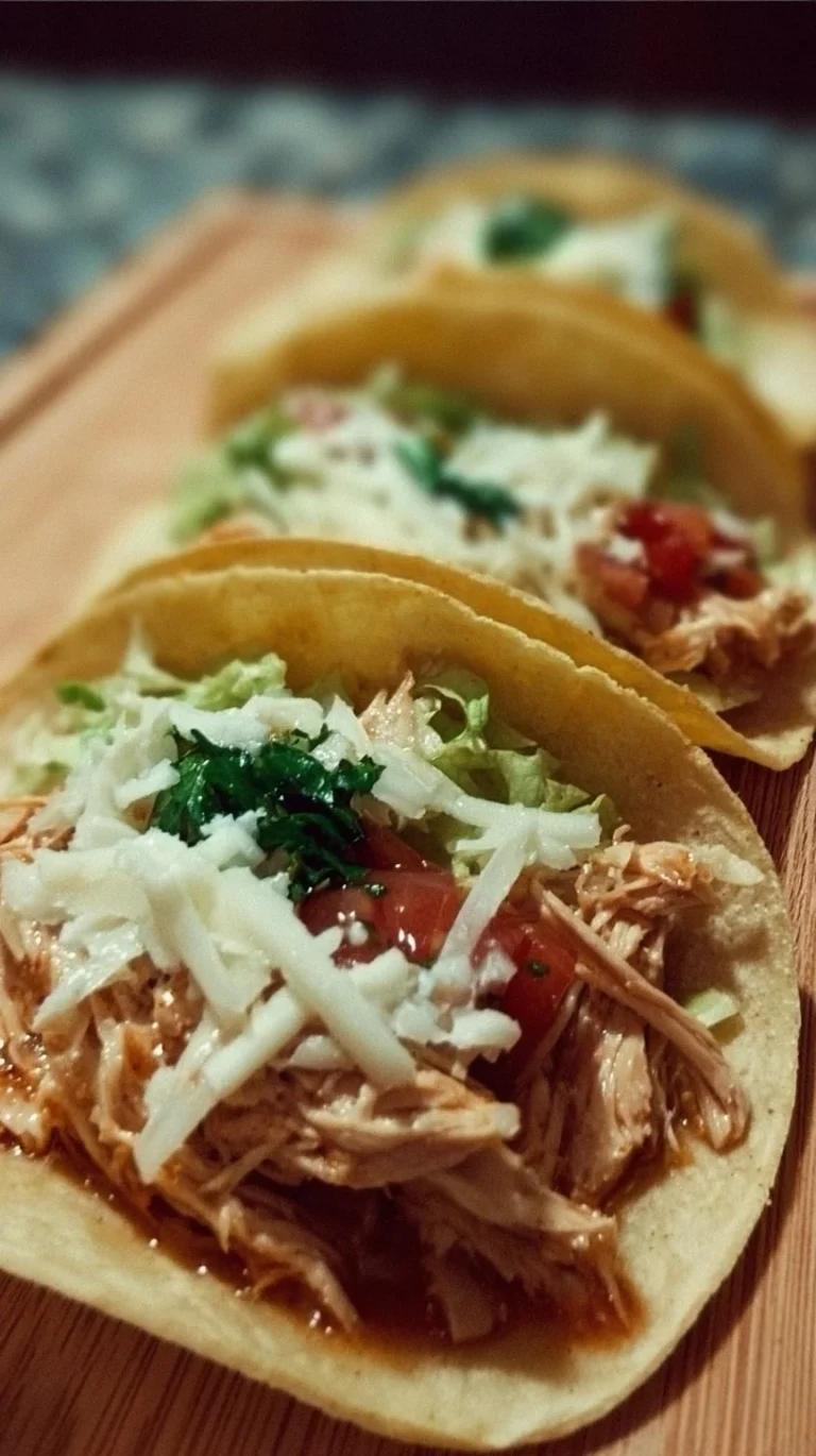 Tacos de pollo desmenuzado servidos con salsa y cebolla.