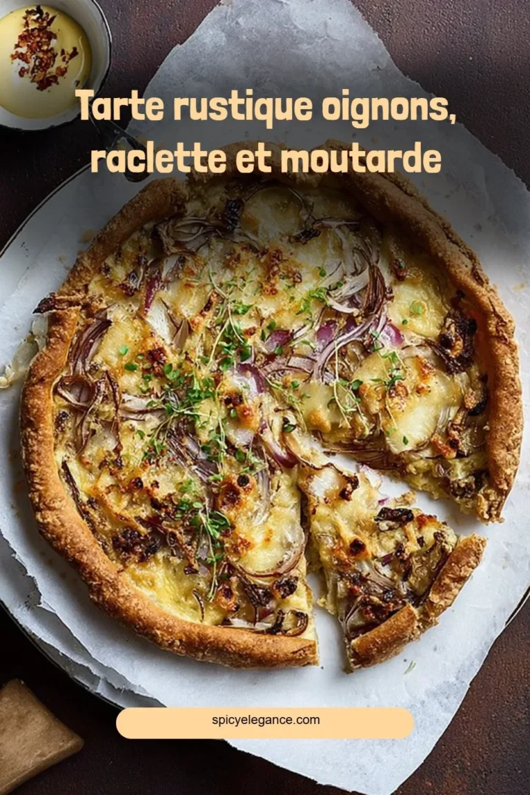 Tarte rustique aux oignons, raclette et moutarde, servie dans un plat en céramique.