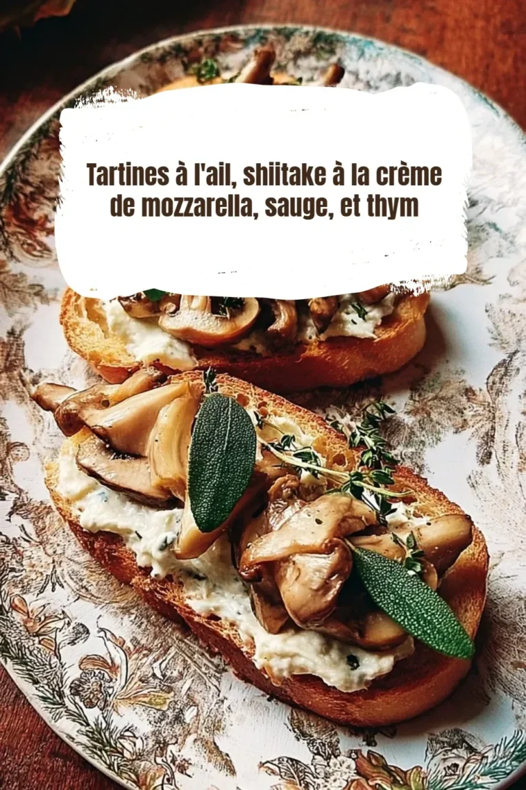 Tartines à l'ail avec shiitake, crème de mozzarella, sauge et thym