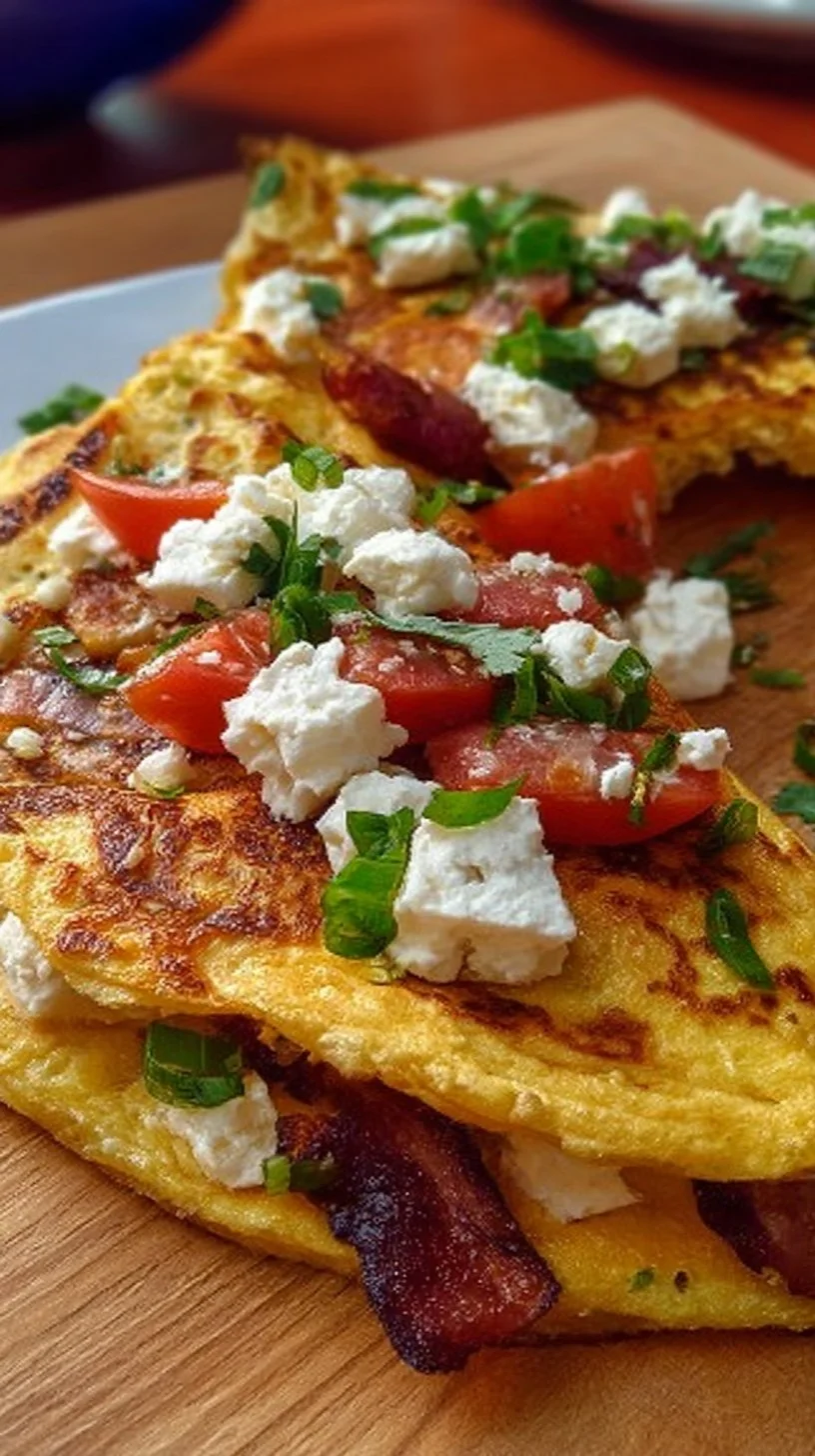 Tortita de maíz con queso feta y bacon servida en un plato