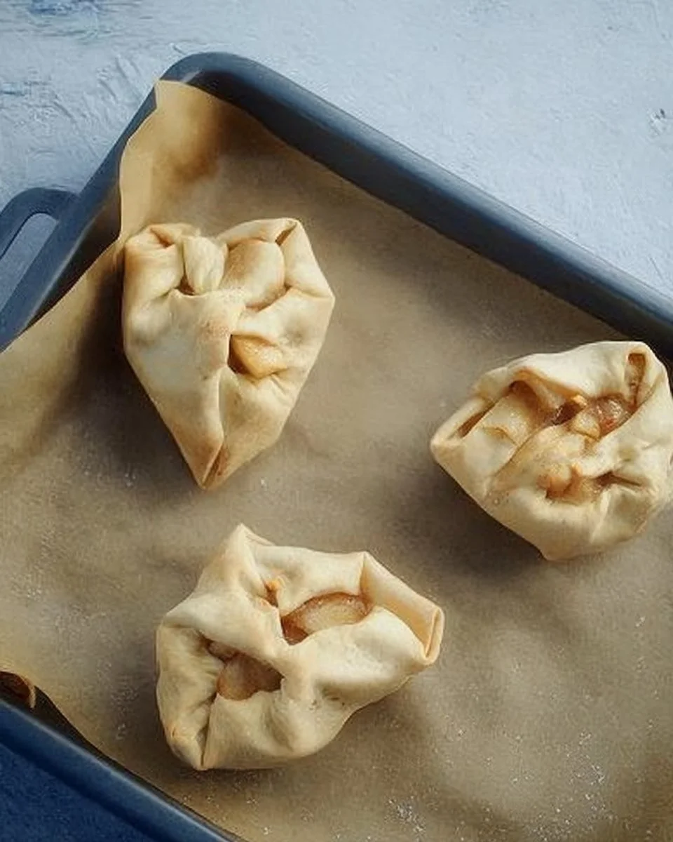 Baluchons aux pommes garnis de pommes et de cannelle, présentés sur une assiette.