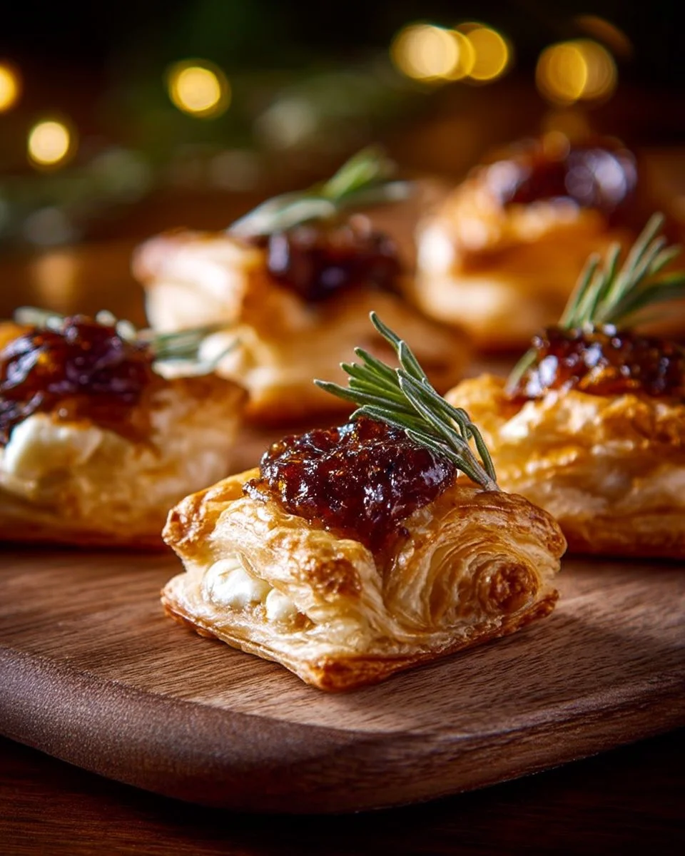 Bouchées feuilletées au brie avec confit d'oignons, délicieuses et élégantes.