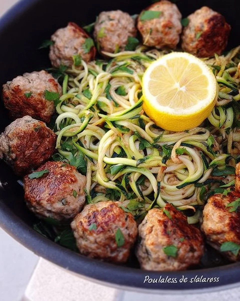 Boulettes de dinde au beurre et à l'ail avec nouilles de zucchinis au citron