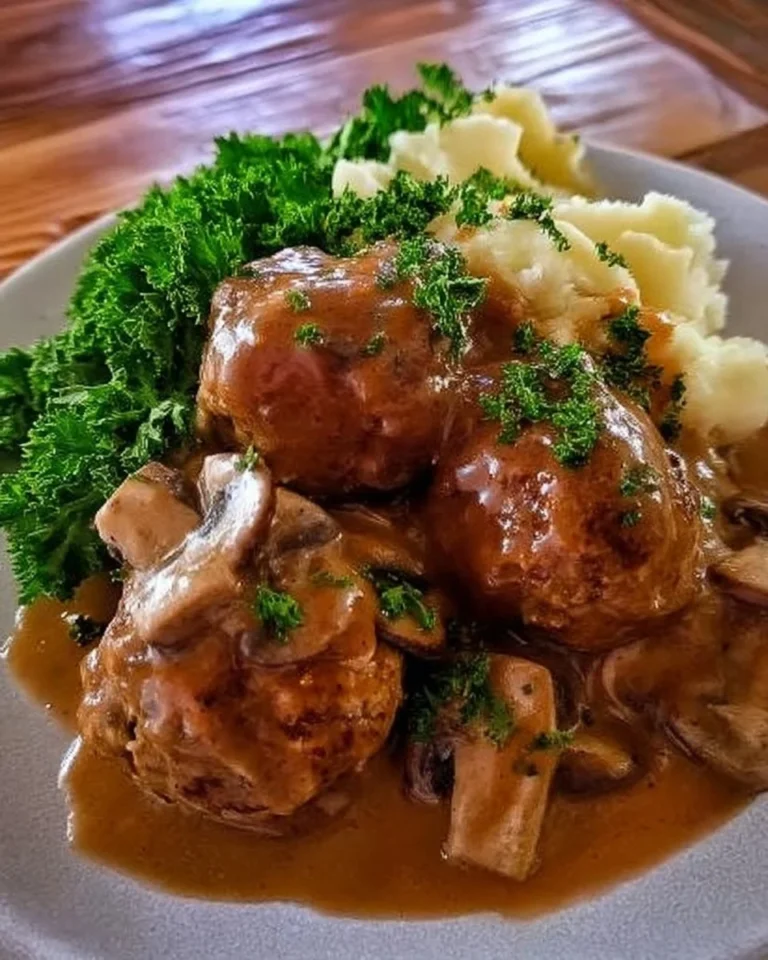 Boulettes de viande servies avec sauce brune aux champignons