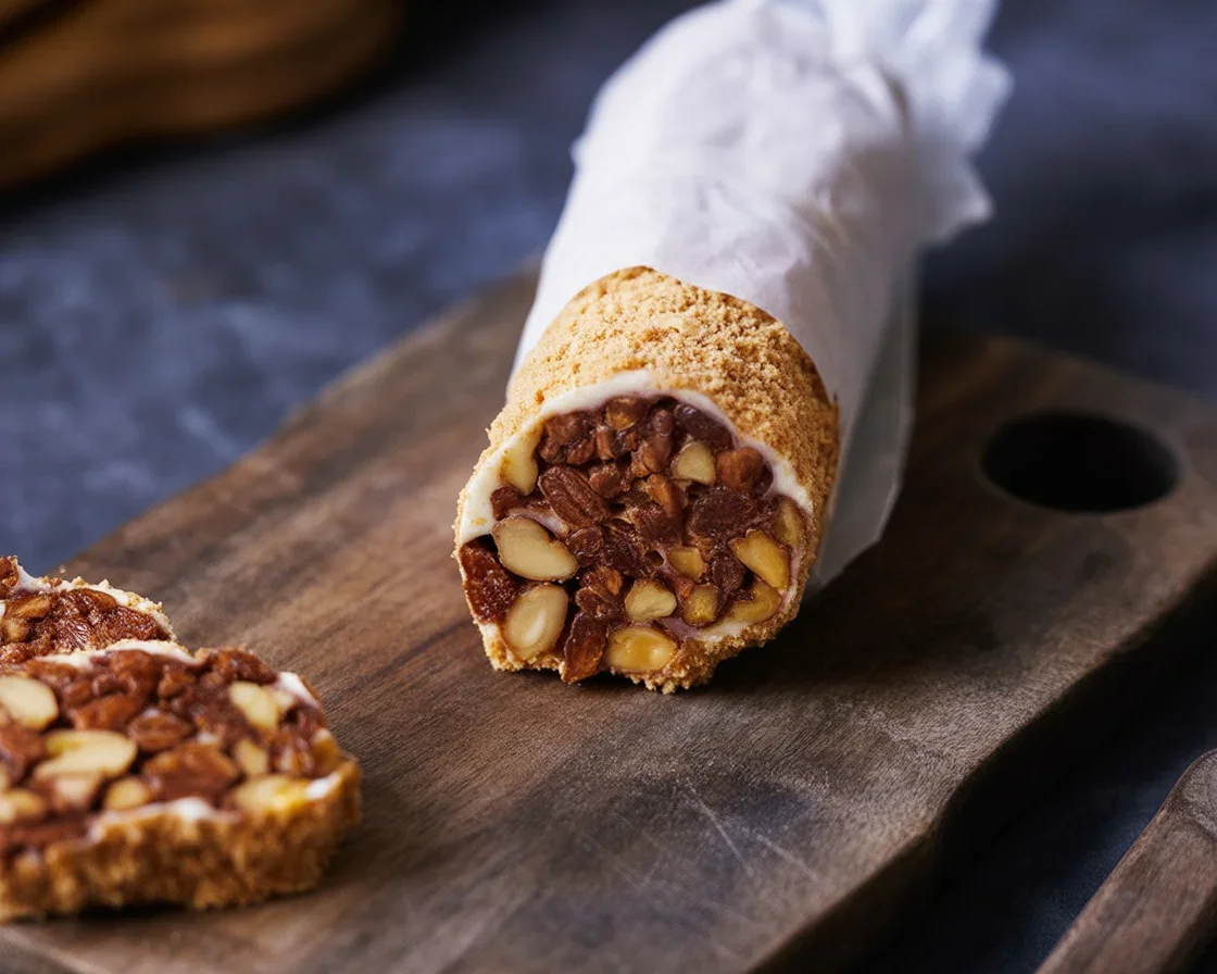 Bûche au Fromage, Noix & Raisins Secs garnie de fruits secs et de noix.