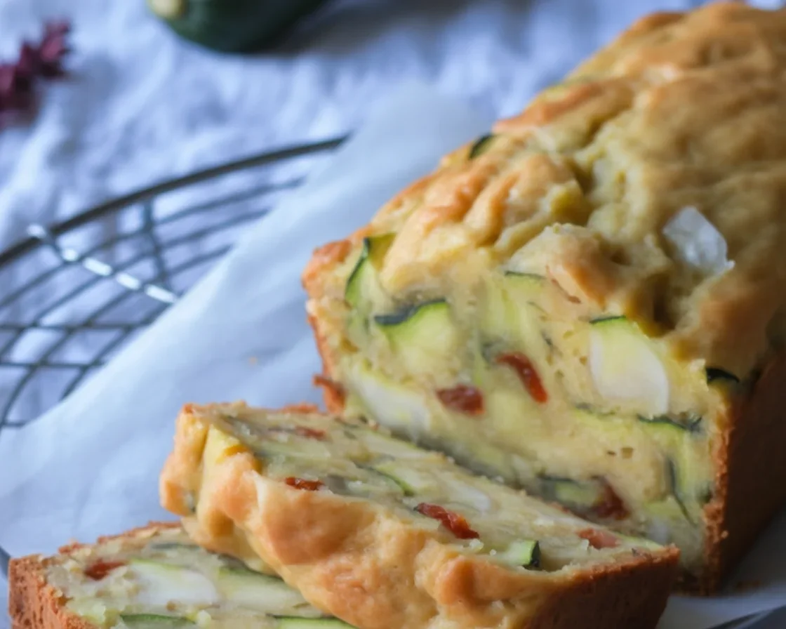 Bûche courgette, chèvre et tomates séchées présentée sur une table.