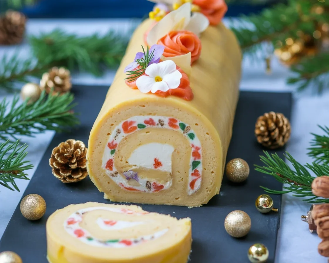 Bûche Salée Saumon Fumé & Fromage Frais, une délicieuse entrée festive.