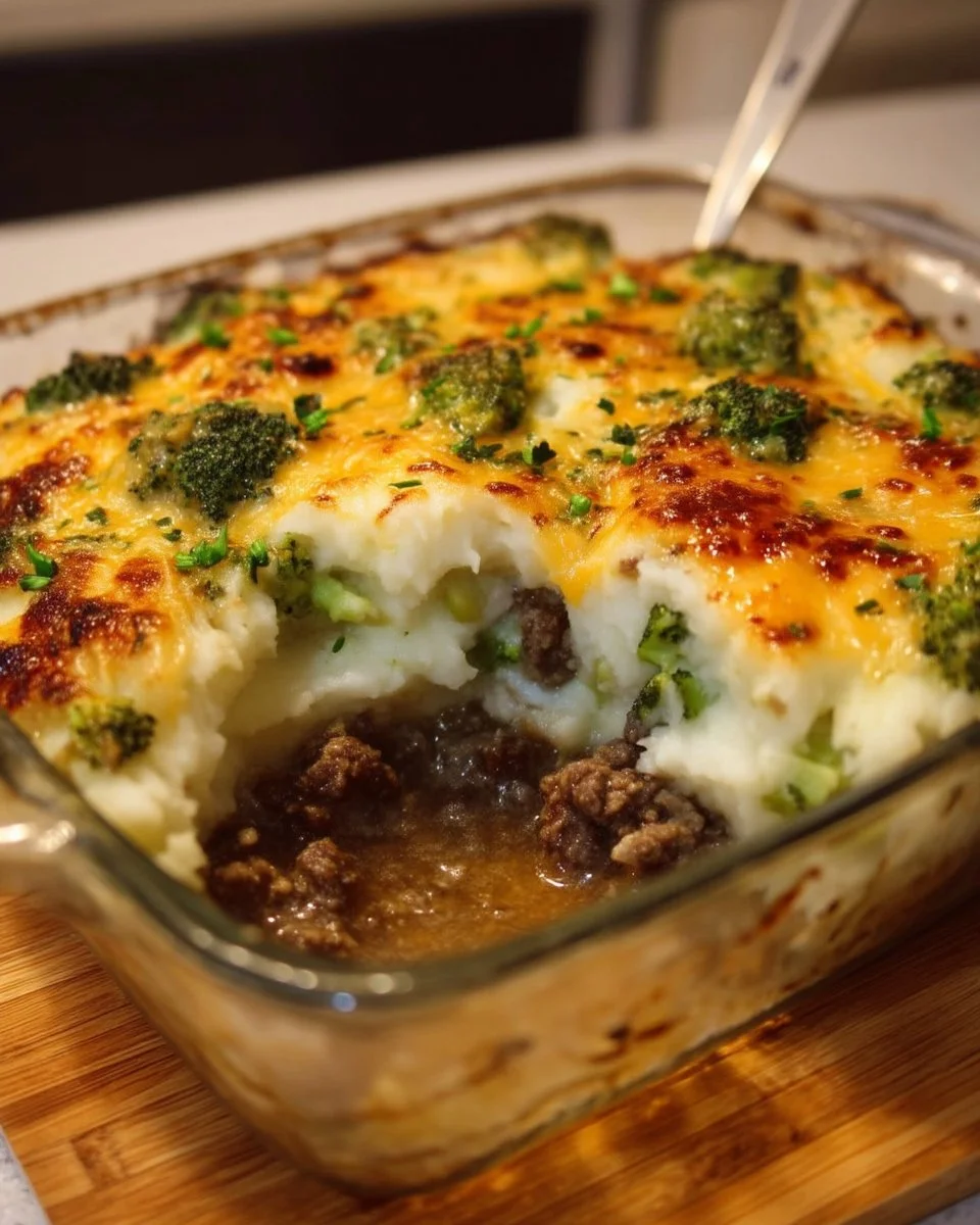 Casserole de boeuf garnie de purée de pommes de terre, cheddar et brocoli