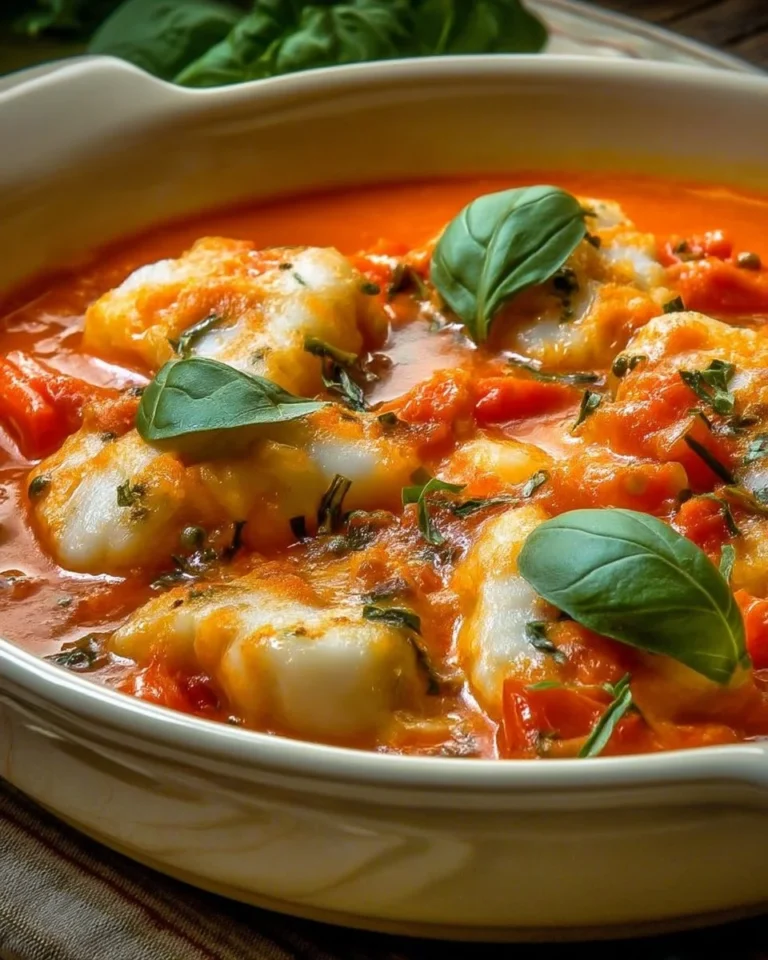 Cassolette de poisson à la tomate et au basilic présentée dans un plat élégant