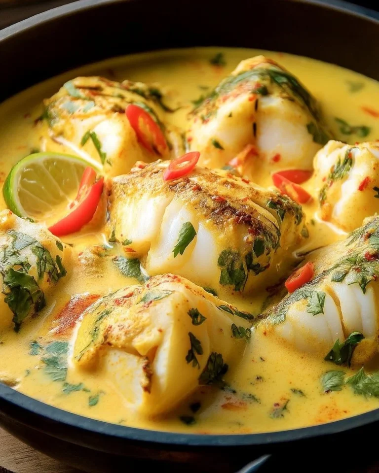 Cassolette de poisson au lait de coco et curry doux, plat savoureux et crémeux.