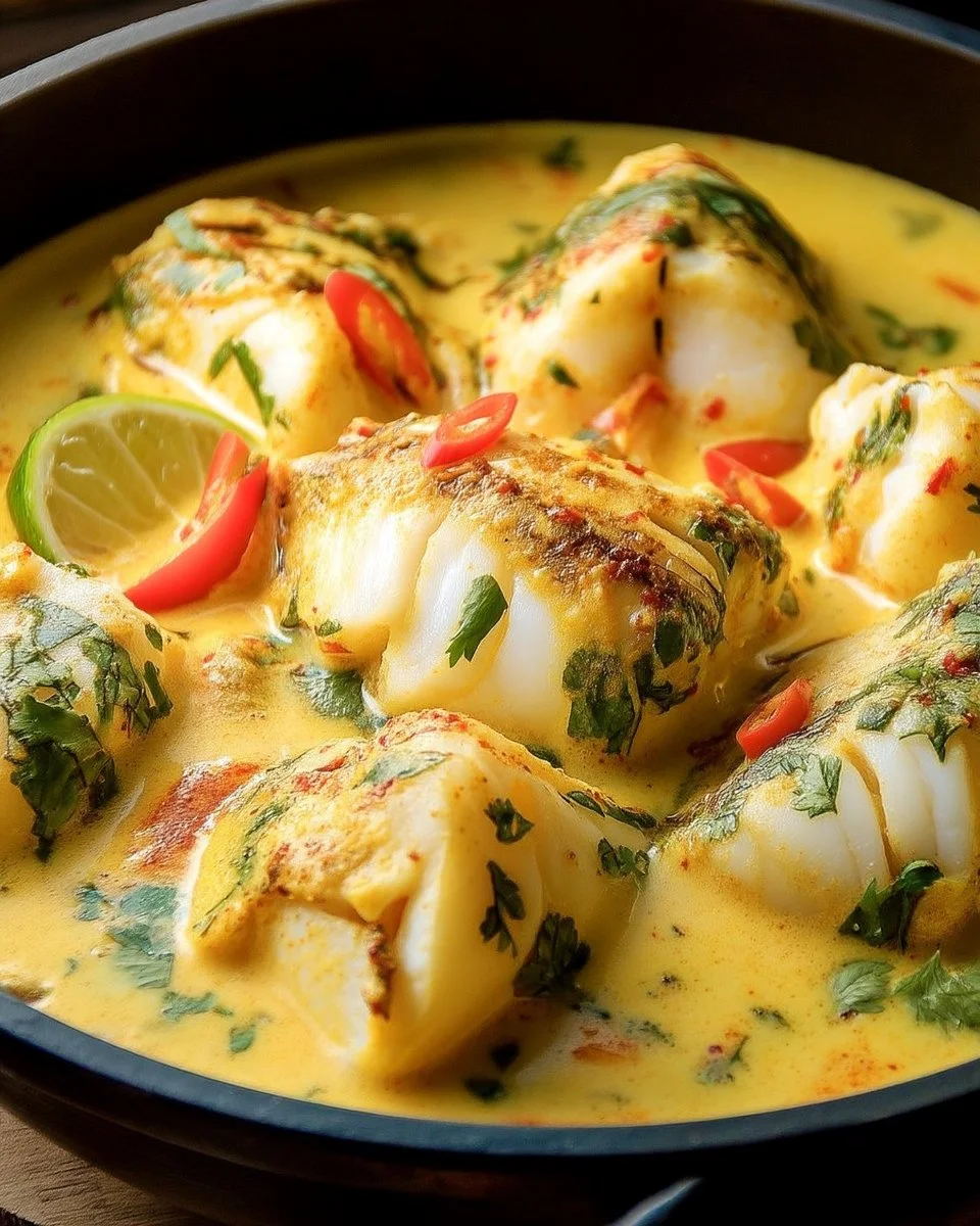 Cassolette de poisson au lait de coco et curry doux, plat savoureux et crémeux.