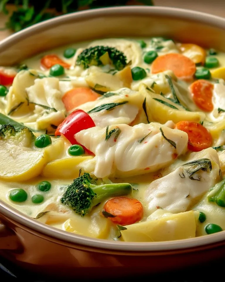 Cassolette de poisson aux légumes et sauce crémeuse sur table