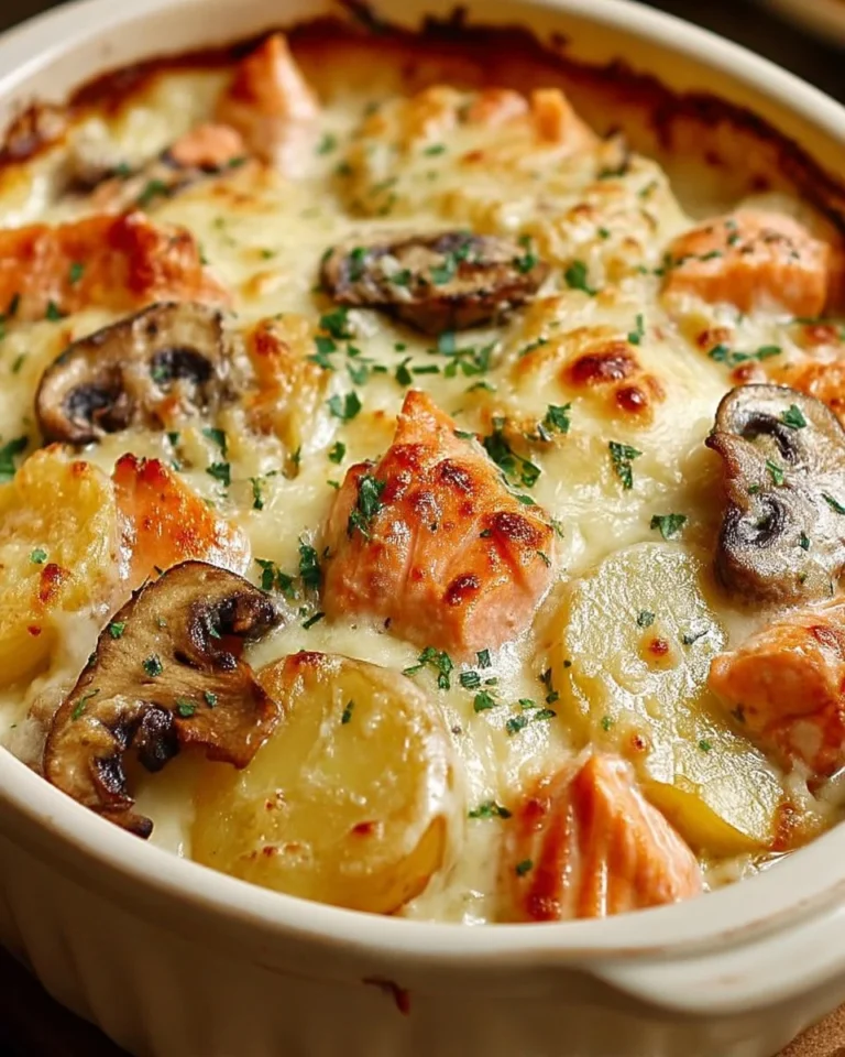 Cassolette de saumon, pommes de terre et champignons gratinée, plat appétissant