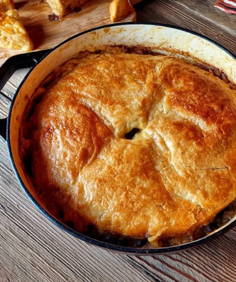 Cipaille traditionnel servi dans un plat en céramique, garniture de viande et légumes.