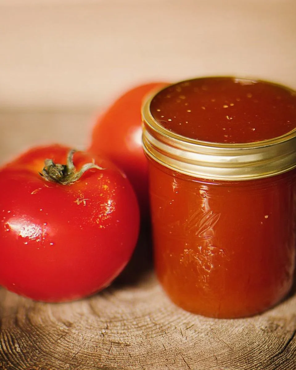 Bouteilles de conserves de jus de tomates épicés de grand-maman sur une table