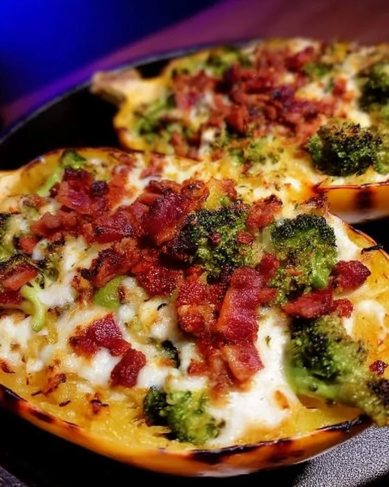 Courge spaghetti gratinée avec brocoli et bacon dans un plat au four