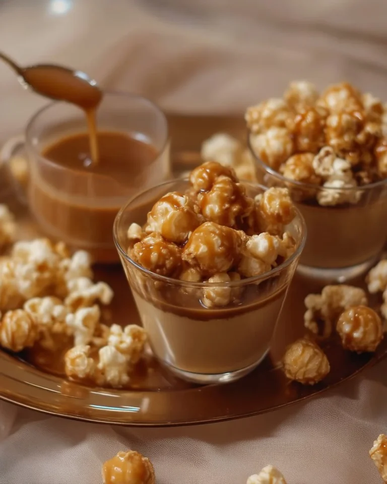 Crème mélasse servie avec pop-corn au caramel dans un bol