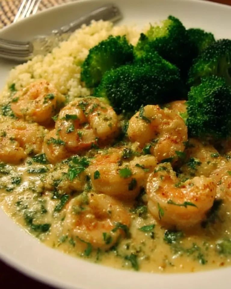Crevettes cajun en sauce crémeuse avec brocoli dans une assiette