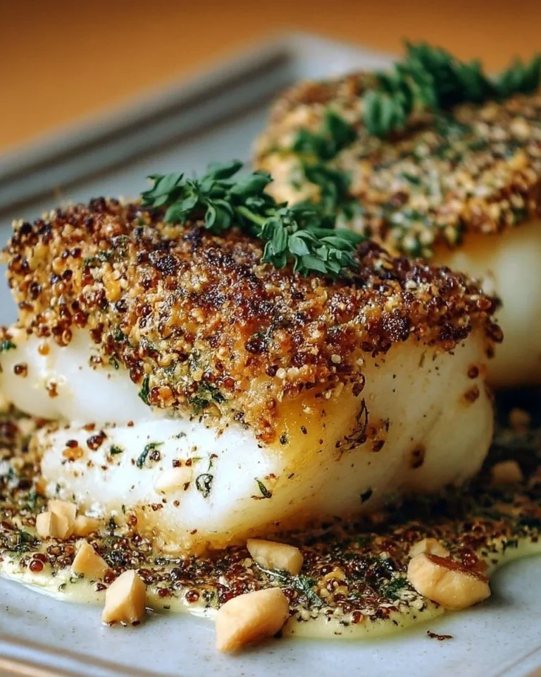 Crispy cod avec croûte d'herbes et noisettes, plat savoureux et croustillant