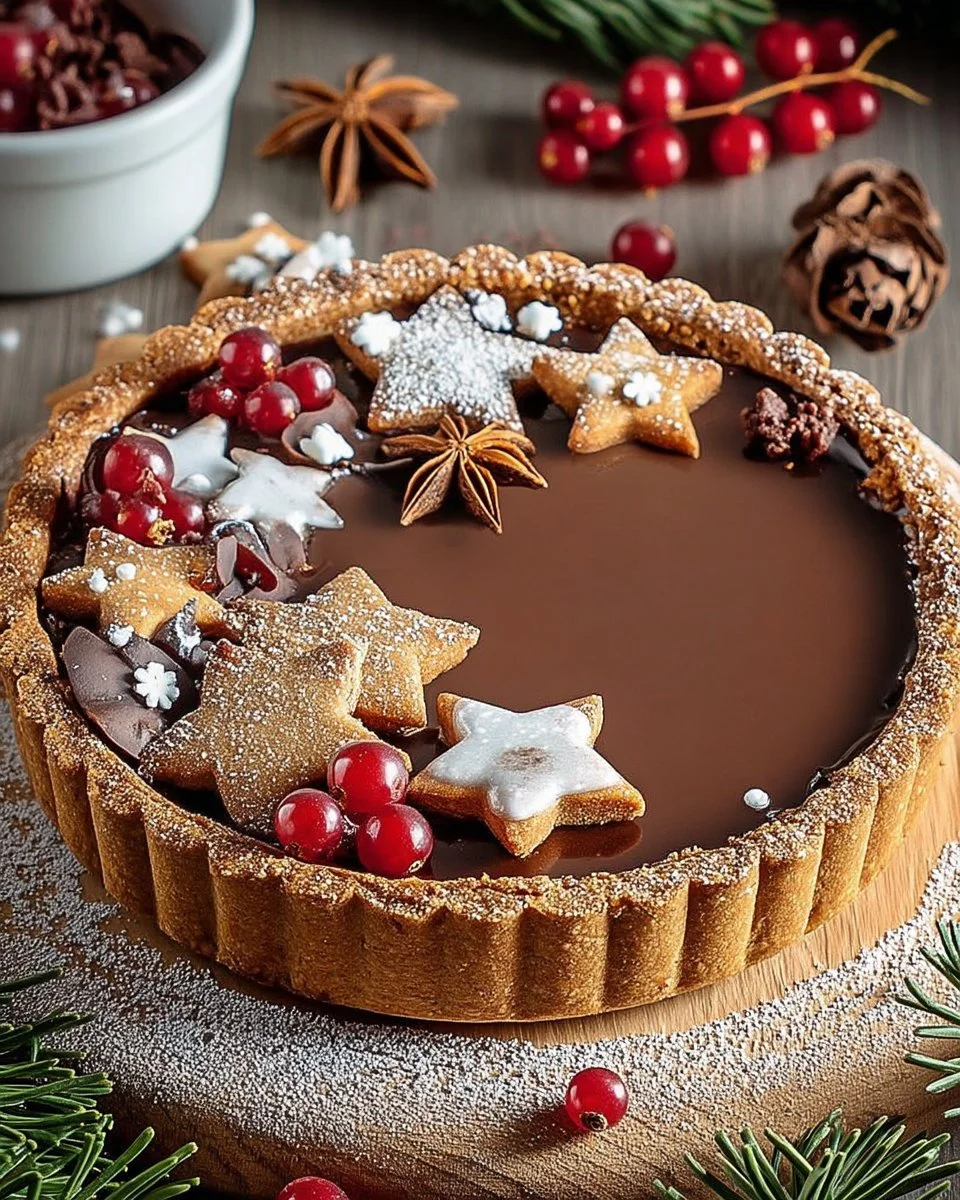 Tarte au chocolat croustillante et sablés de Noël festifs sur une table