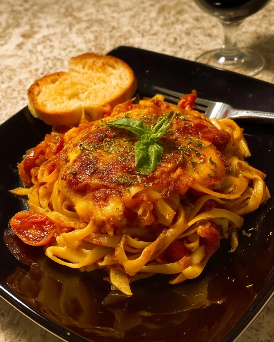 Fettucine gratinées sauce tomate et basilic, un plat savoureux et réconfortant.