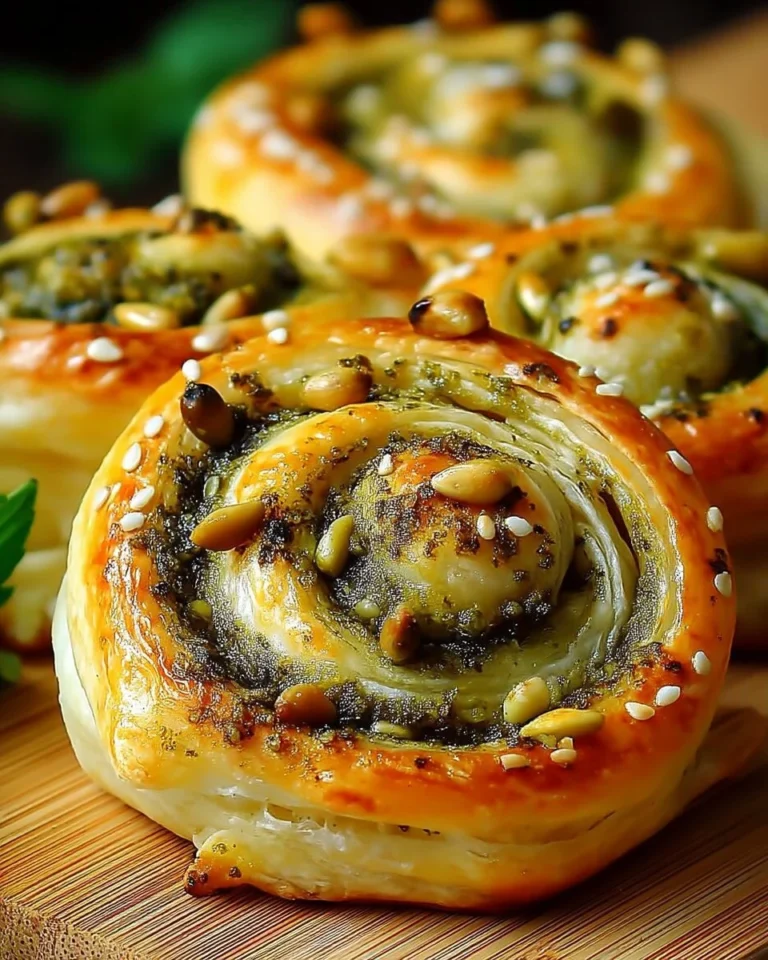 Feuilletés roulés au pesto et pignons de pin, savoureux et festifs.