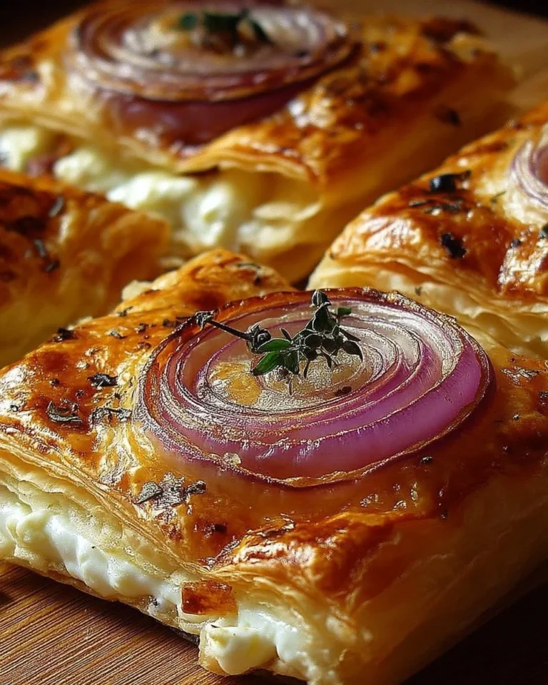 Feuilletés rustiques à l'oignon rouge et fromage crémeux, délicieux et croquants