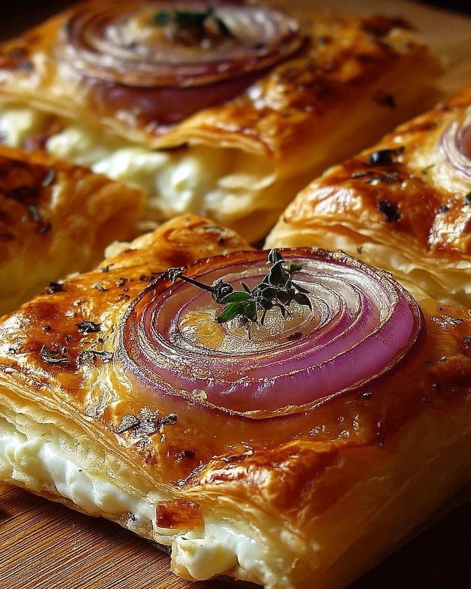 Feuilletés rustiques à l'oignon rouge et fromage crémeux, délicieux et croquants