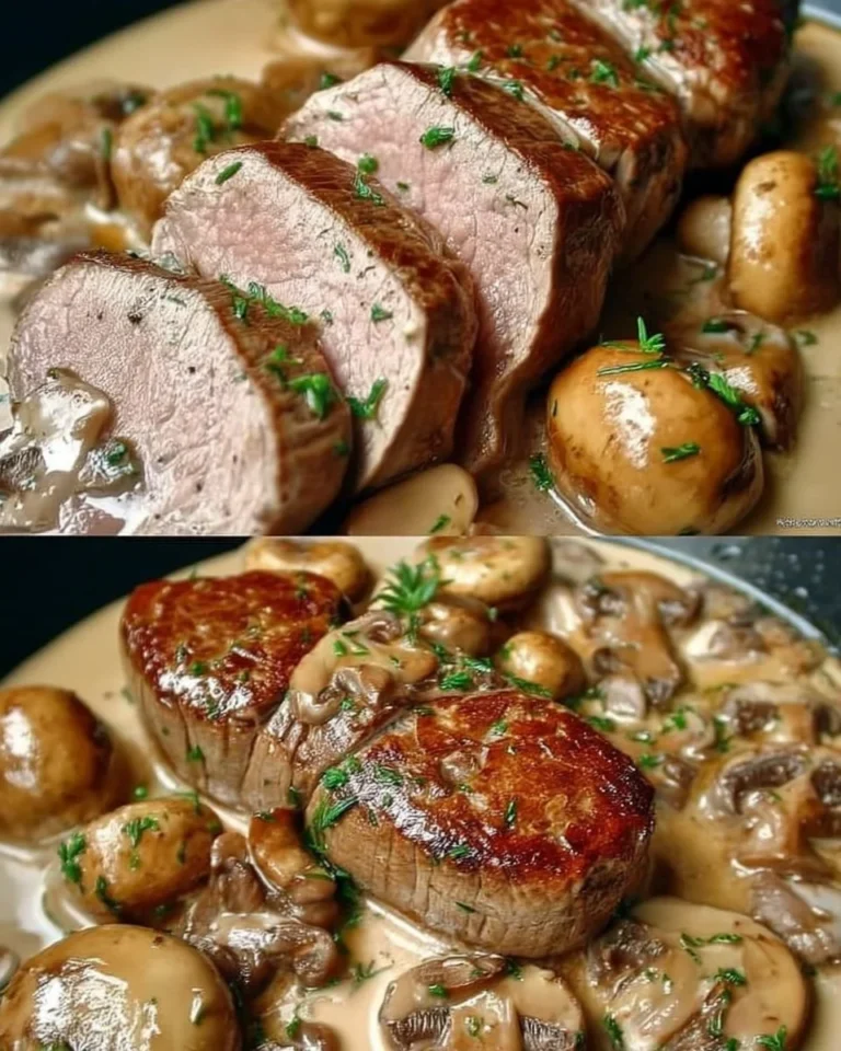 Filet Mignon de Porc aux Champignons servie avec des légumes frais.