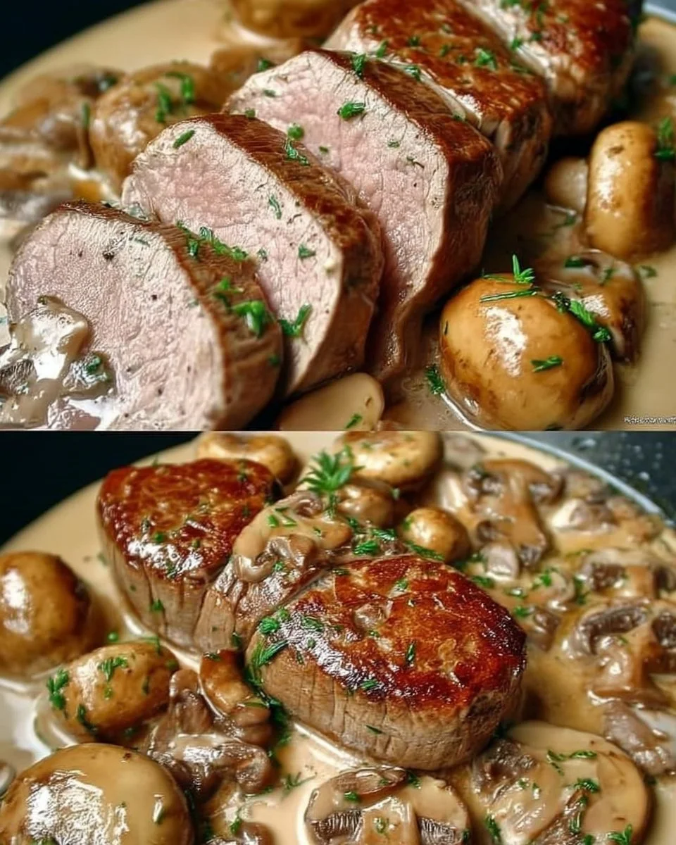 Filet Mignon de Porc aux Champignons servie avec des légumes frais.