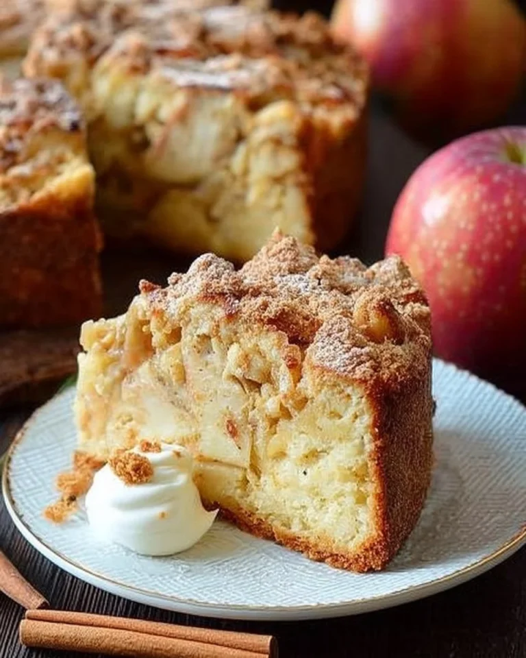 Gâteau aux pommes à la crème sure, moelleux et délicieux, prêt à être dégusté.