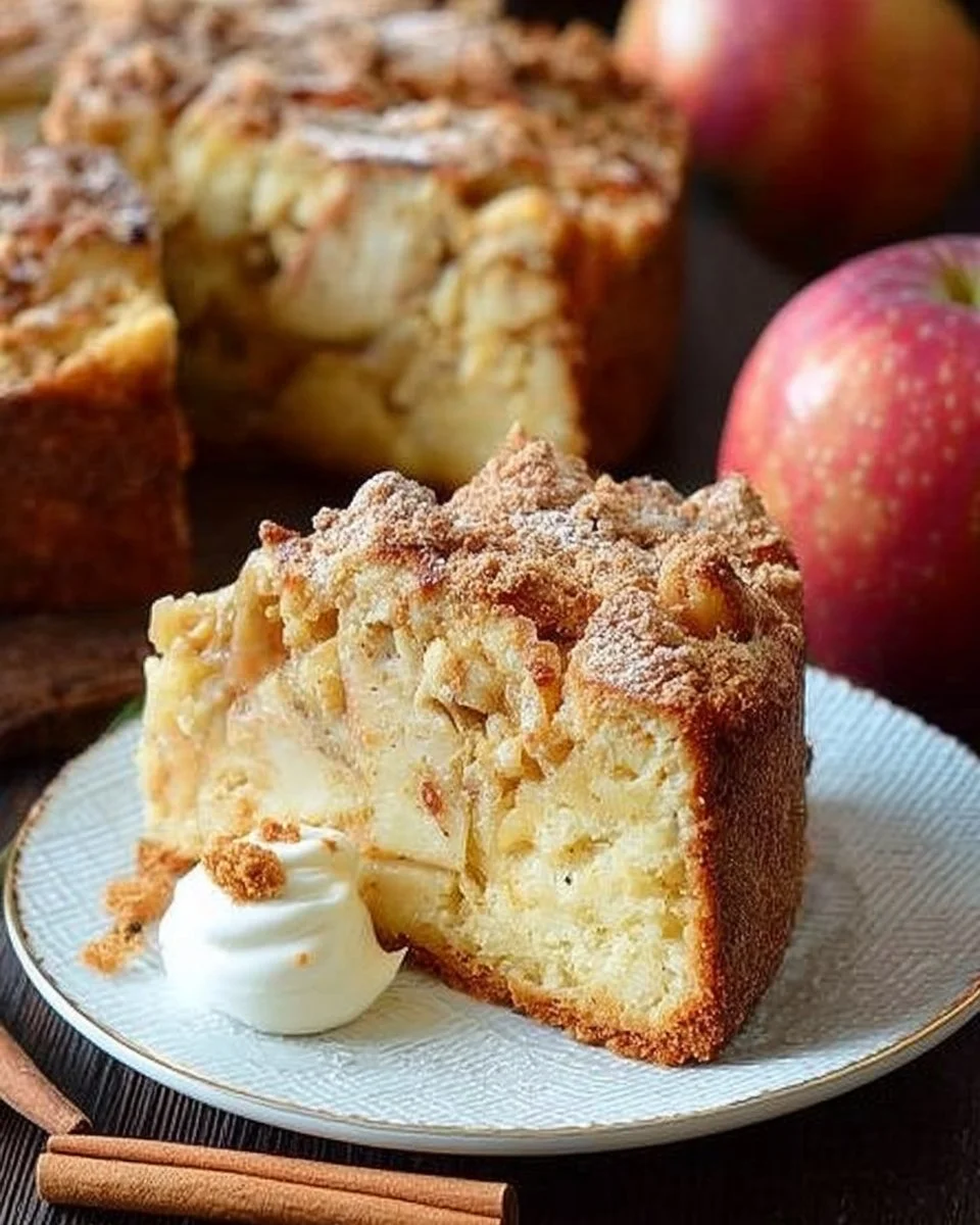 Gâteau aux pommes à la crème sure, moelleux et délicieux, prêt à être dégusté.