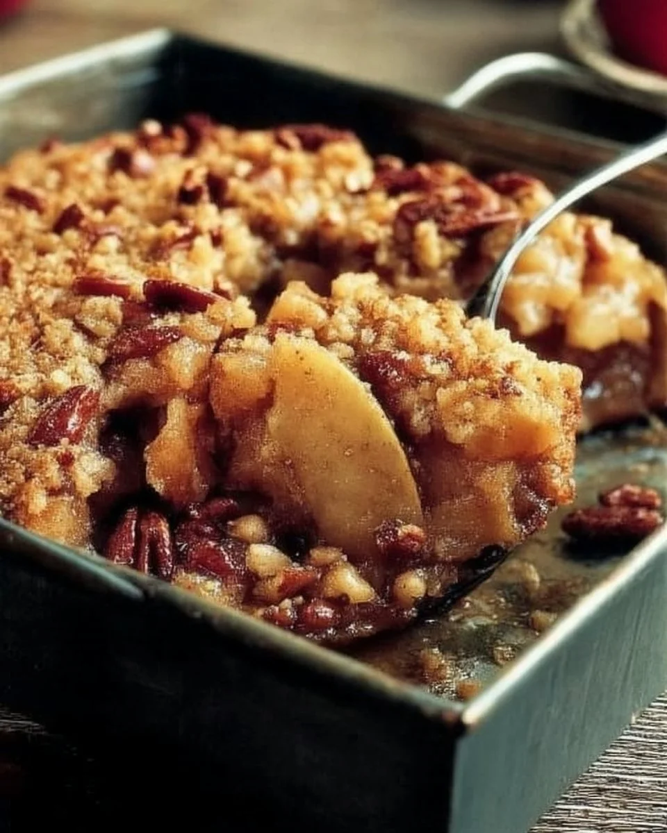 Gâteau aux pommes avec garniture croquante aux pacanes sur une table