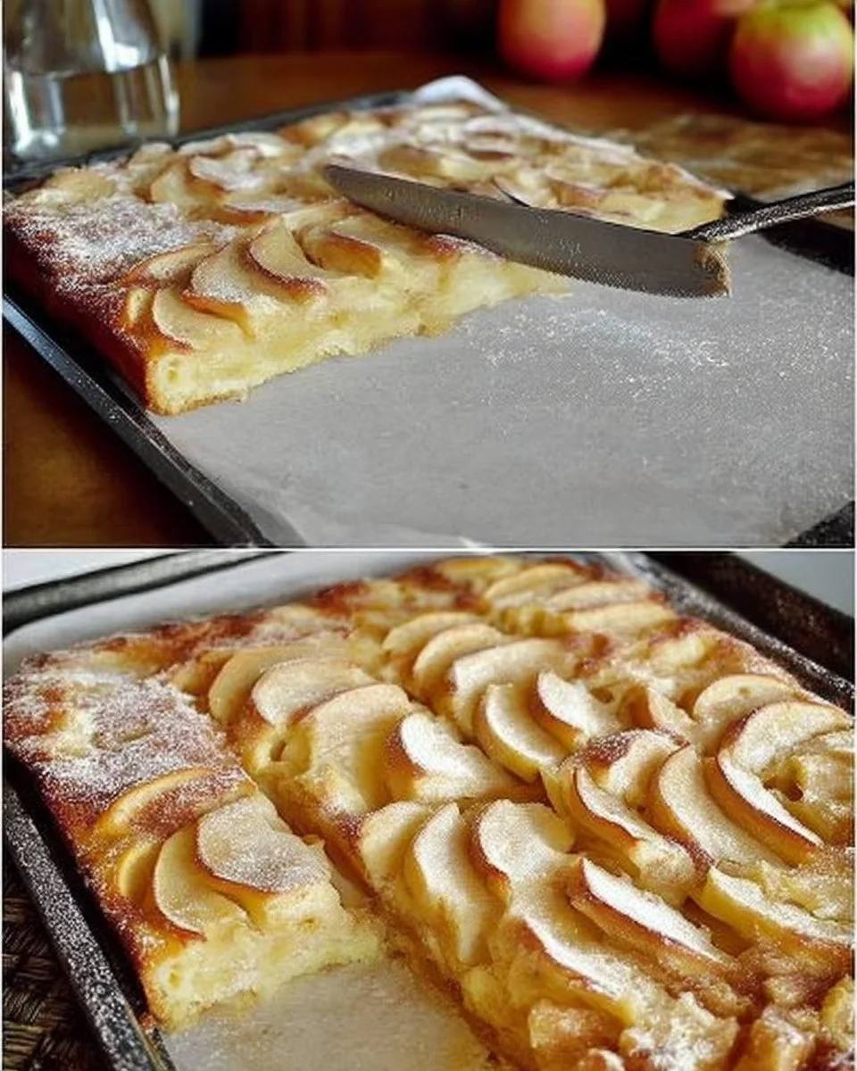 Gâteau aux Pommes Moelleux en Plaque présenté dans un plat de cuisson