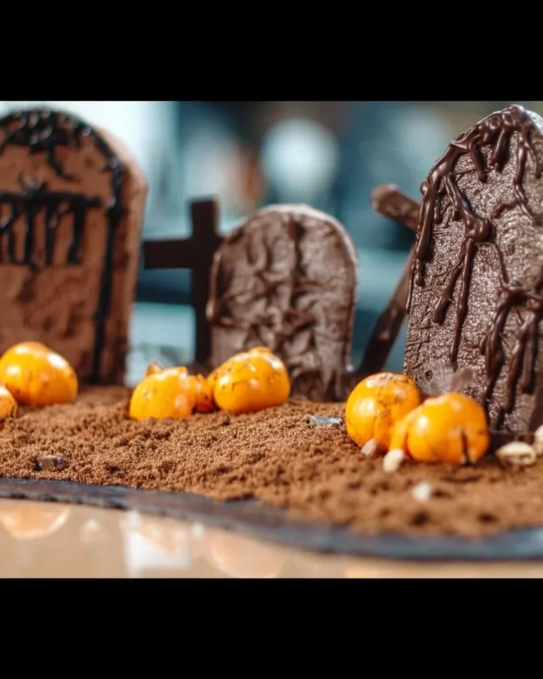 Gâteau d'Halloween en forme de cimetière décoré avec des bonbons et effets spooky