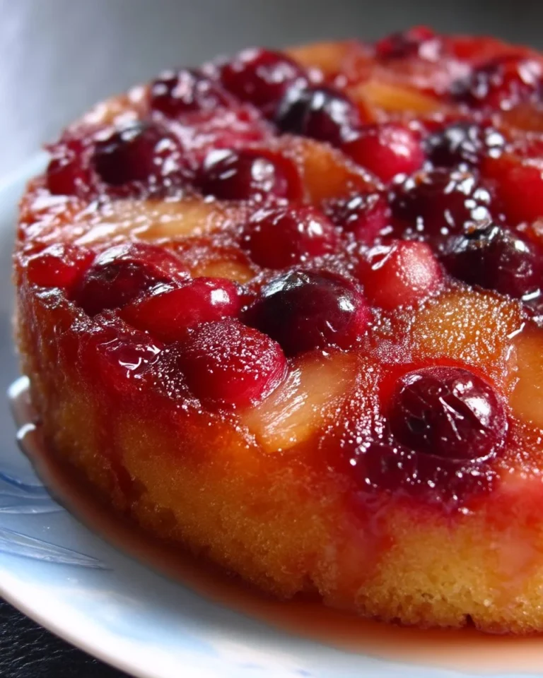 Gâteau renversé aux pommes et aux canneberges sur une assiette